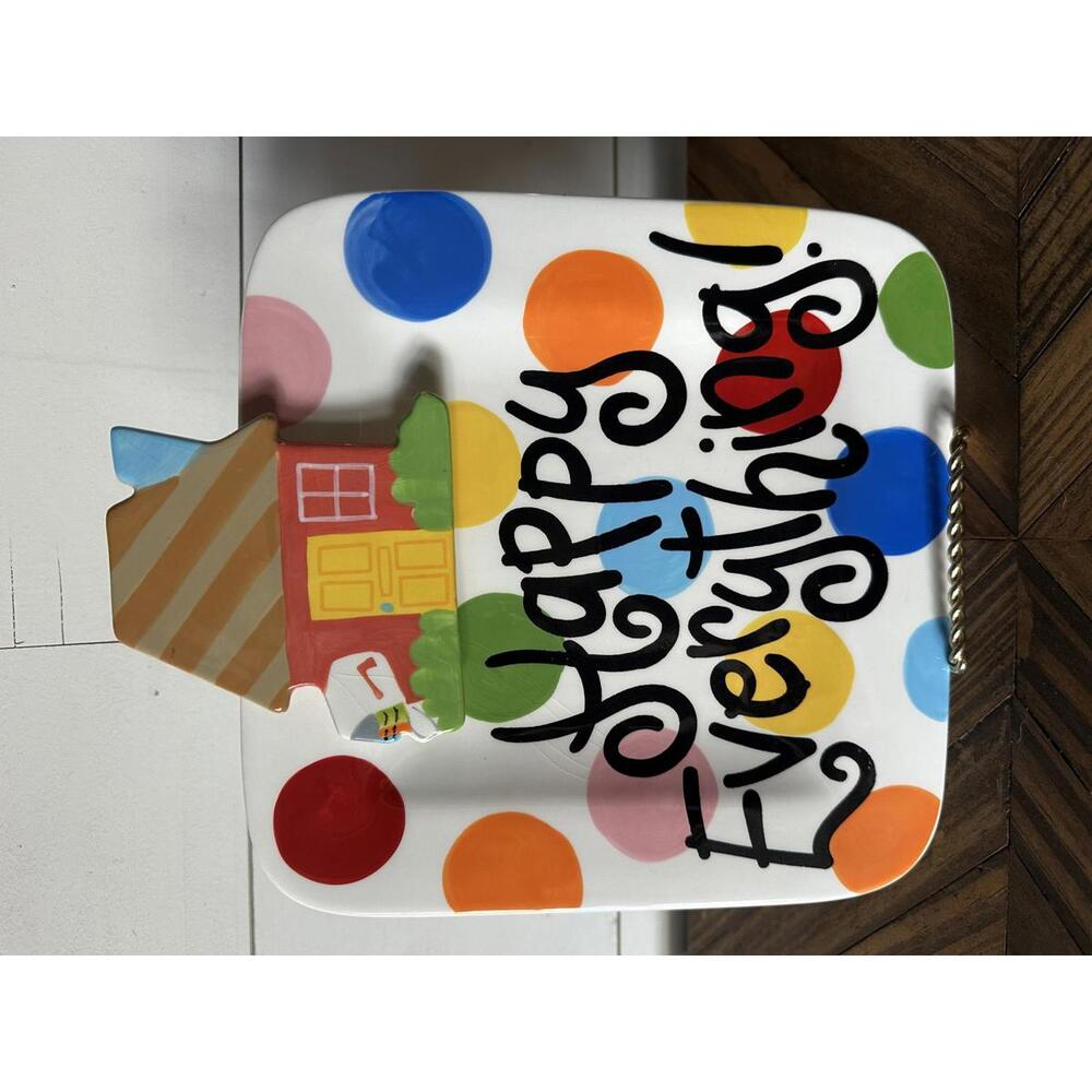 Coton Colors Happy Everything Polka Dot Ceramic Plate with House Accent